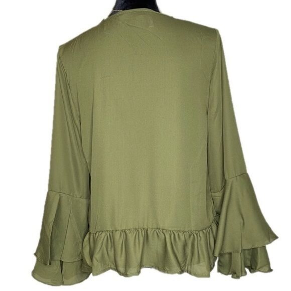 Olive Green V-Neck Ruffle Hem Bell Sleeve Blouse S 100% Polyester Womens Top - Picture 8 of 12
